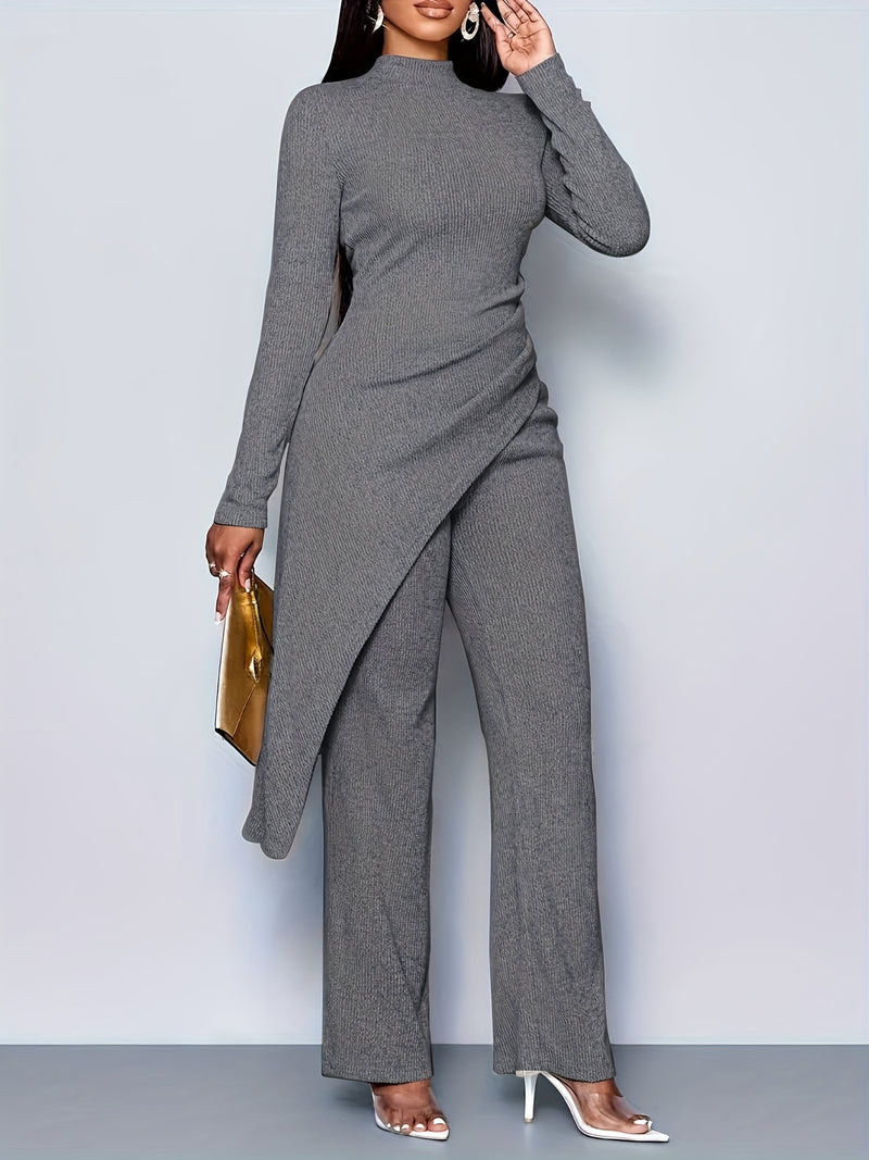 Women's Elegant Solid Color Fleece Ribbed Asymmetric Hem Top Paired with Flared Pants.