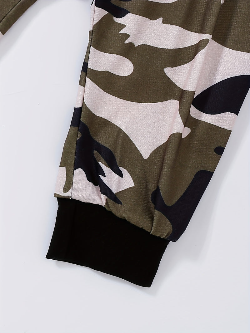 Baby Letter Slogan Print Camo Pocket Hoodie & Camo Pants Set, for Outdoor.