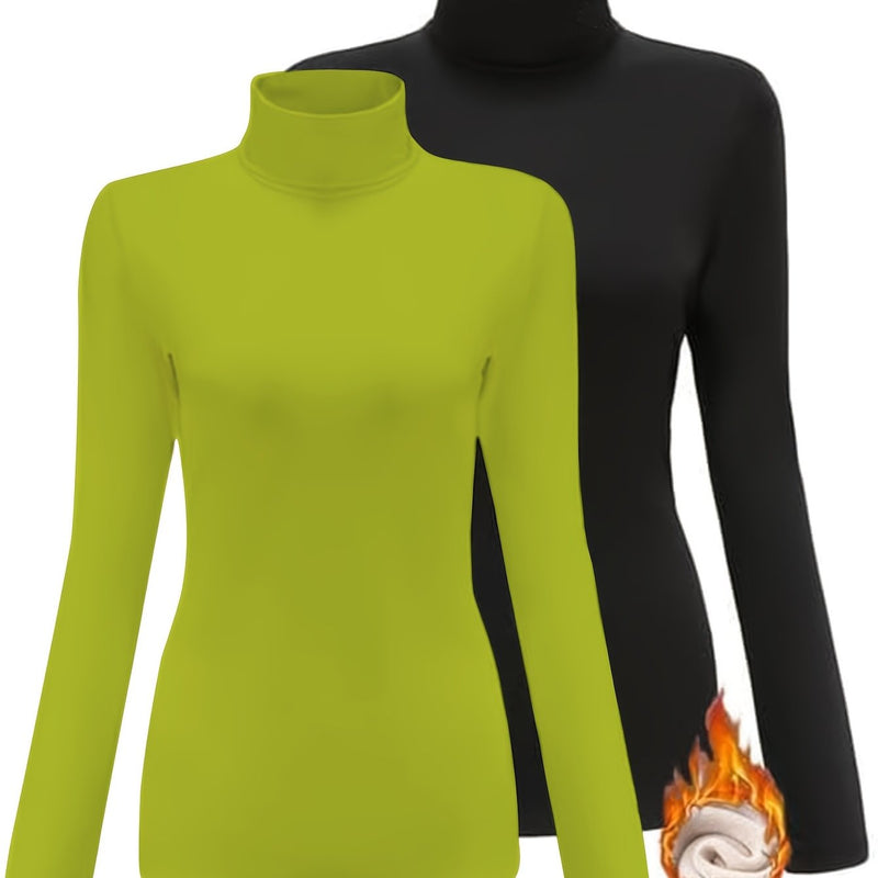 Women's High Collar T-Shirt Autumn And Winter Fleece Lining Warm Long-Sleeved.