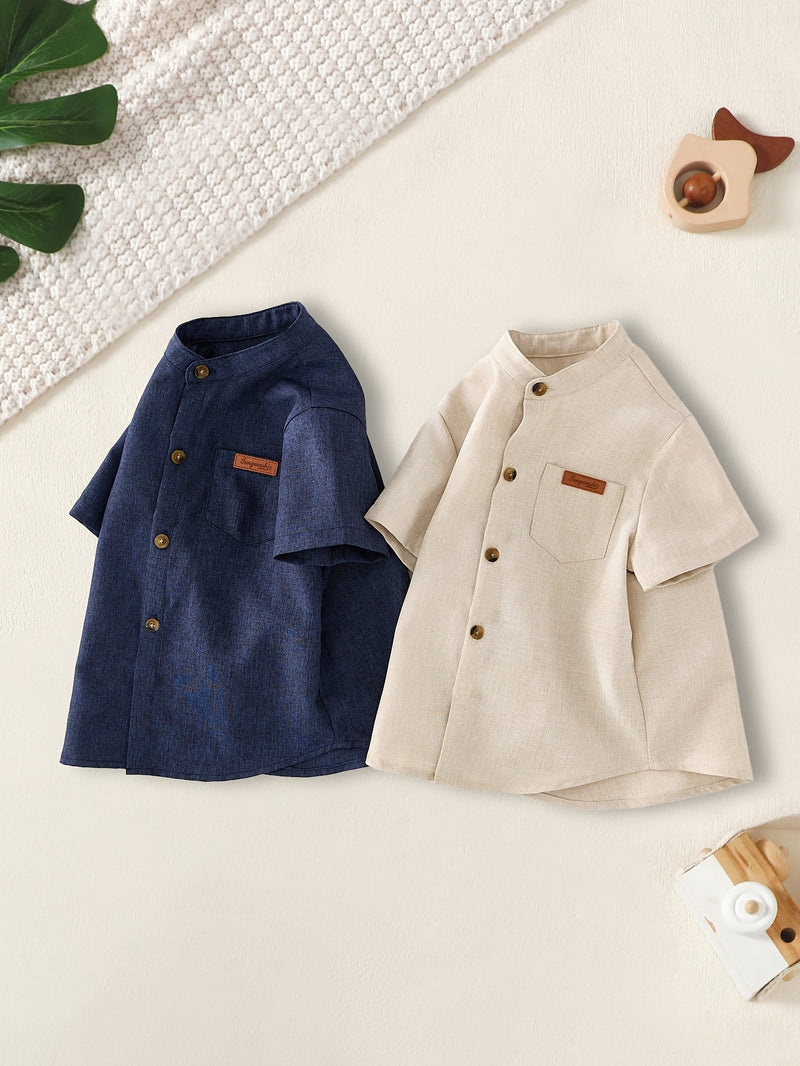 2pcs Boys Summer Stand Collar Short Sleeve Shirts.