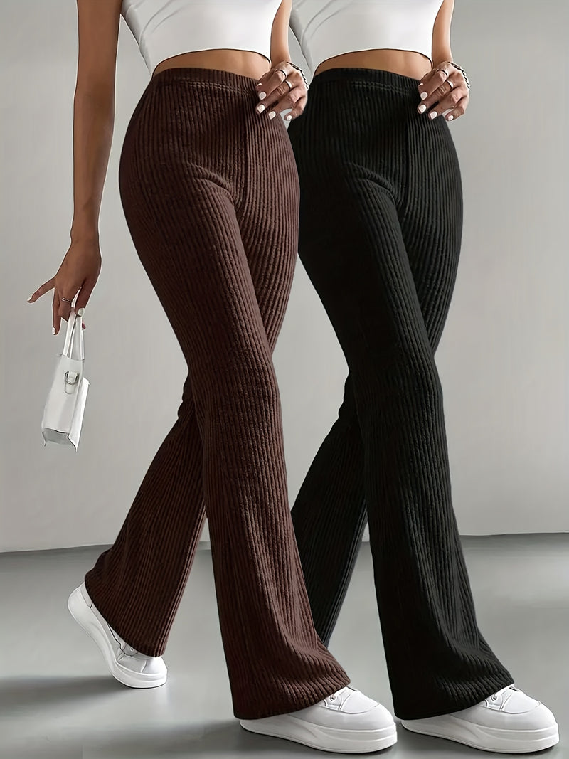 Women’s 2pcs Set Ribbed Simple Striped Casual Solid Color Straight-Leg Wide-Leg Pants.