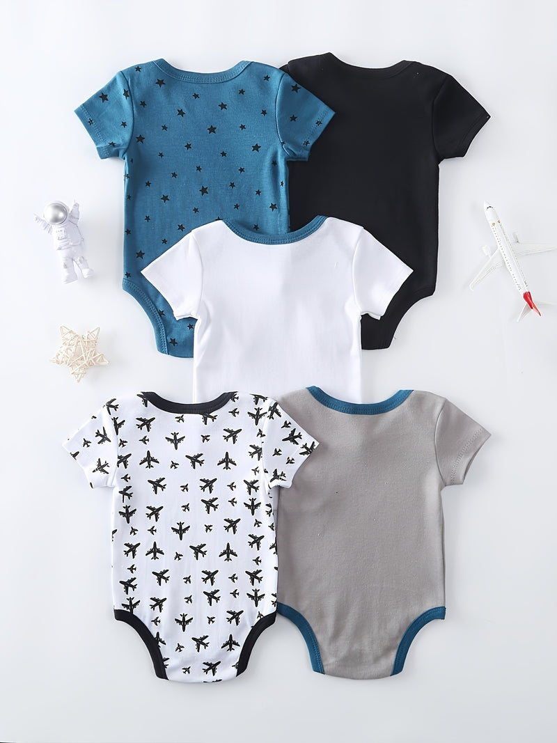 5pcs Boys' Casual Romper, Boys' Suitable for Newborn Children's.
