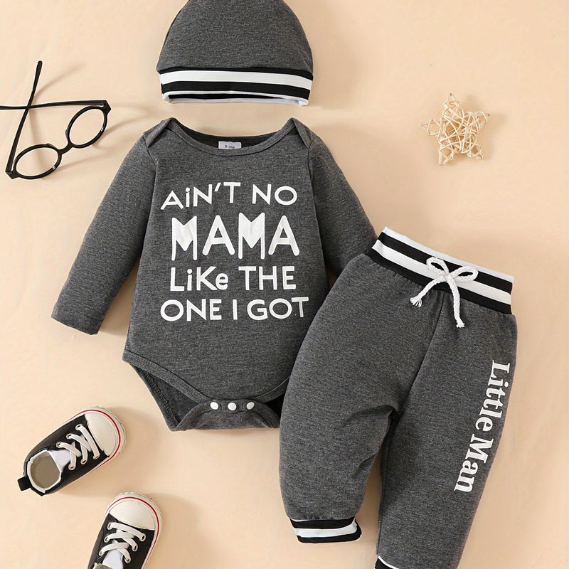 Long-sleeve Letter Print Romper + Striped Pants + Hat Three-piece Set.