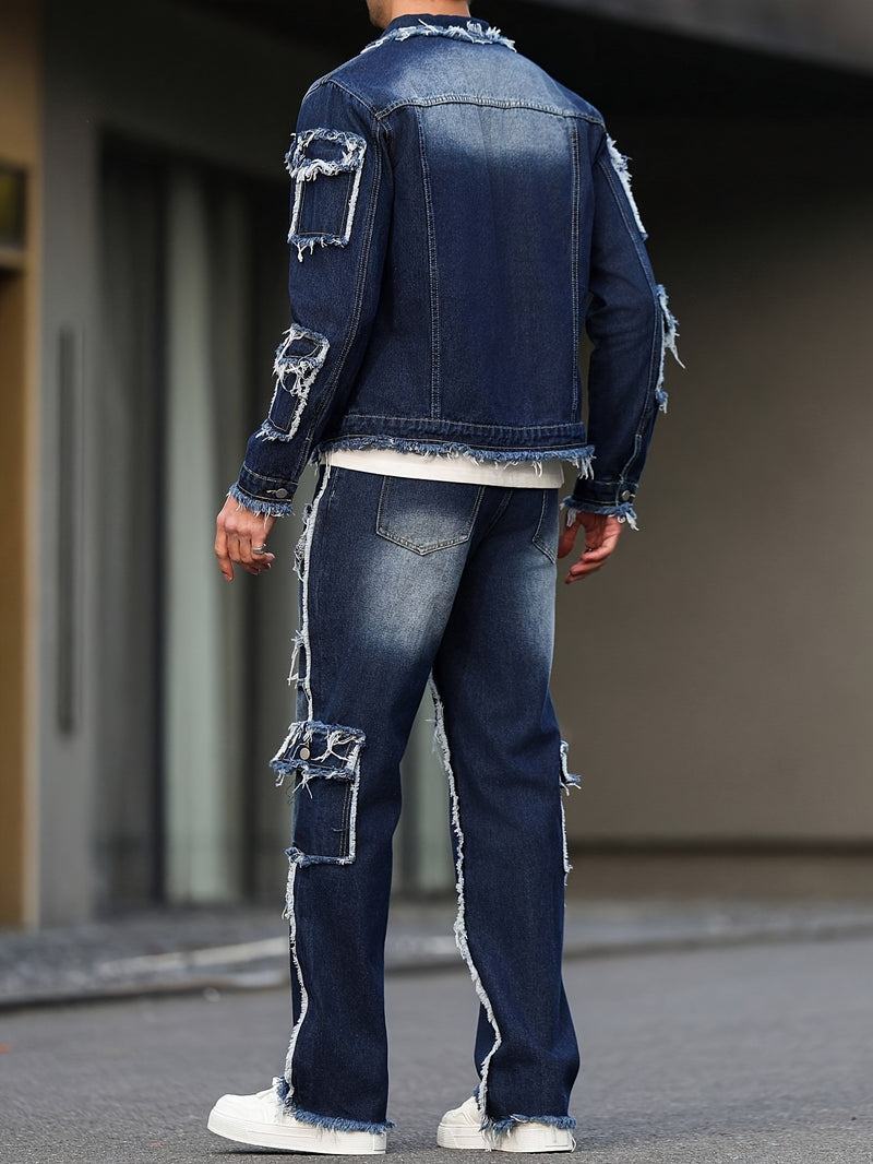 Men's High Street Style Distressed Raw Hem Patchwork Denim Set.