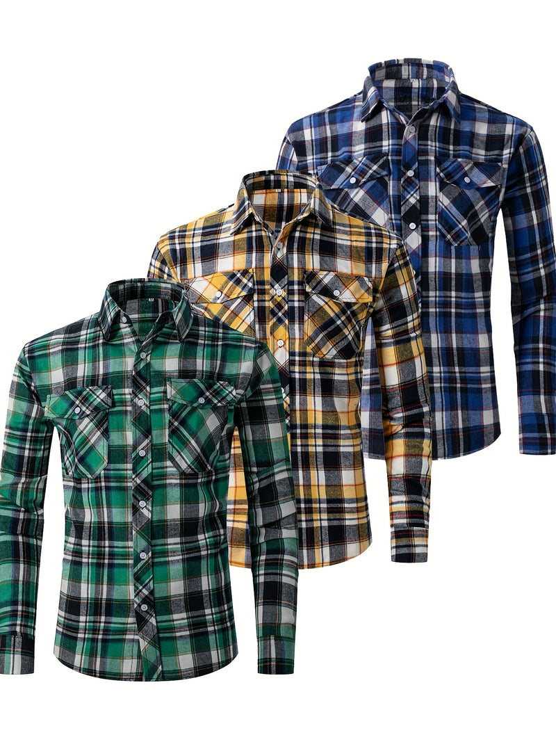 3pcs Men's Plaid Shirts with Top Lapel Long Sleeve.