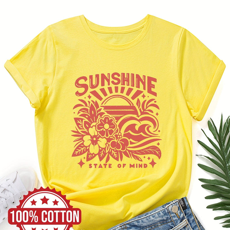 Women's Casual Crew Neck T-Shirt with "SUNSHINE" Graphic Print.
