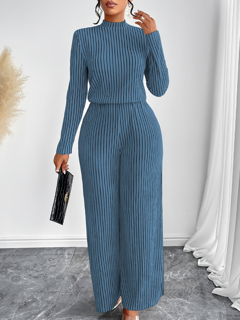 Women's Casual Elegant Long Sleeve Wide Leg Body Suit with Clavicle Collar.