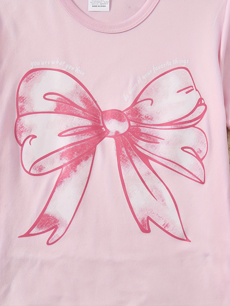 Summer Denim Set, Pink Printed T-Shirt + Black Bow Shorts Two-Piece Outfit.