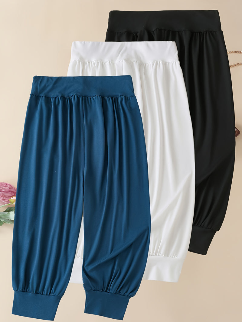 3pcs Women's 7/8 Harem Pants - Casual Stretch Polyester.