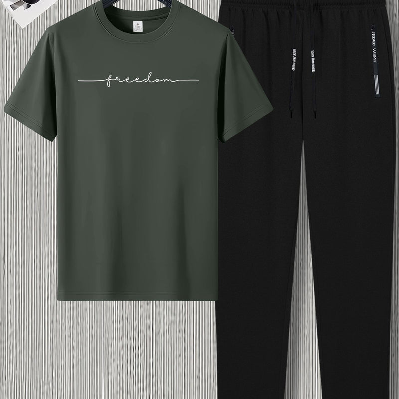 Men's Summer Design Short-Sleeve Set with Stylish Line Prints Paired.