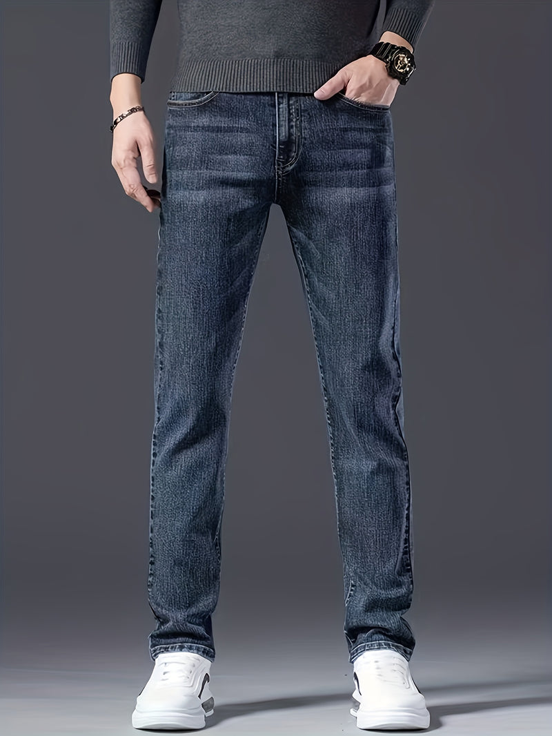 Men's Slim-Fit Stretch Denim Jeans in Dark Blue, Suitable for All Seasons.