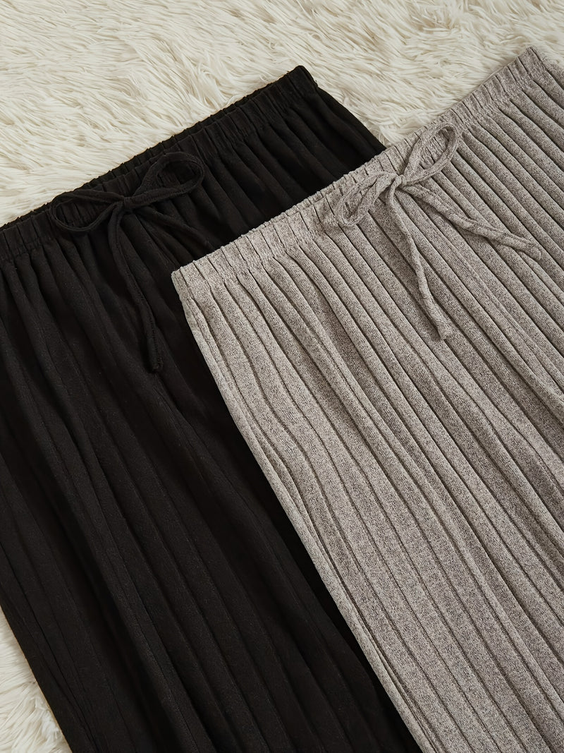 2-Pack Solid Color Fashion Ribbed Casual Wide Leg Women's Pants.