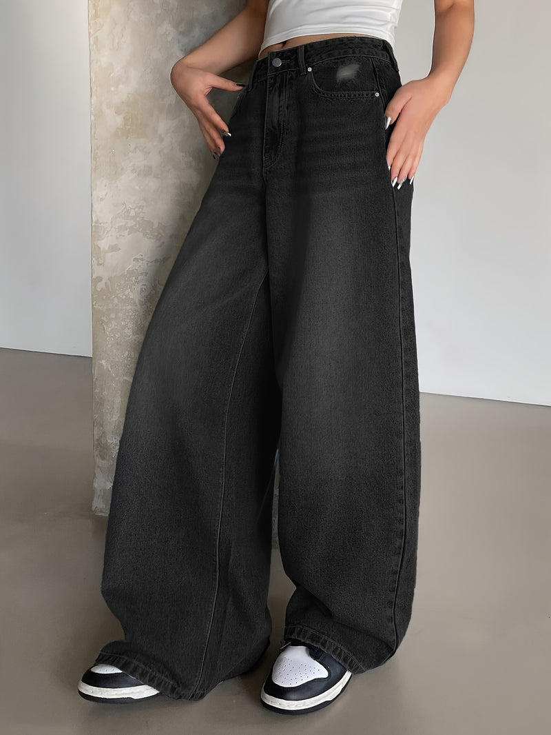 Women's New Washed Blue Wide-Leg Ultra-Long Floor-Length Ripped Loose-Fit Wide-Leg Casual Jeans.