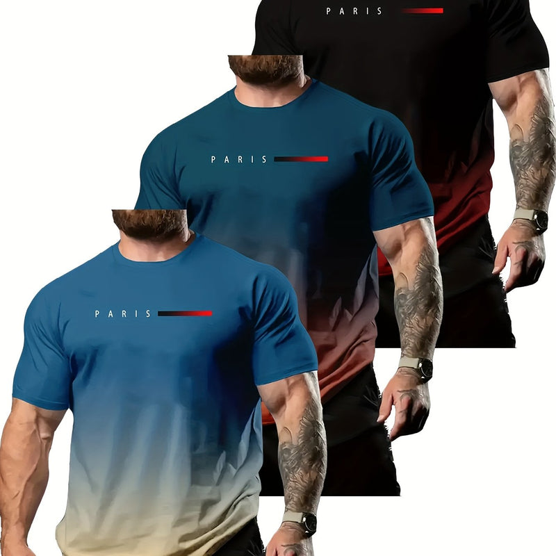 Set of 3 Vibrant Gradient Short-Sleeve Crew Neck T-Shirts for Men.