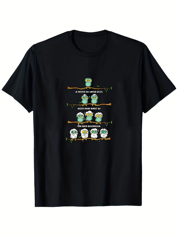 Men’s Black T-Shirt Features a Humorous Owl Graphic.