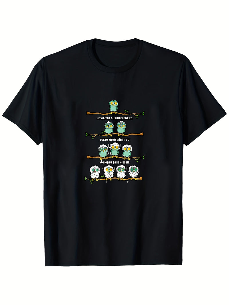 Men’s Black T-Shirt Features a Humorous Owl Graphic.