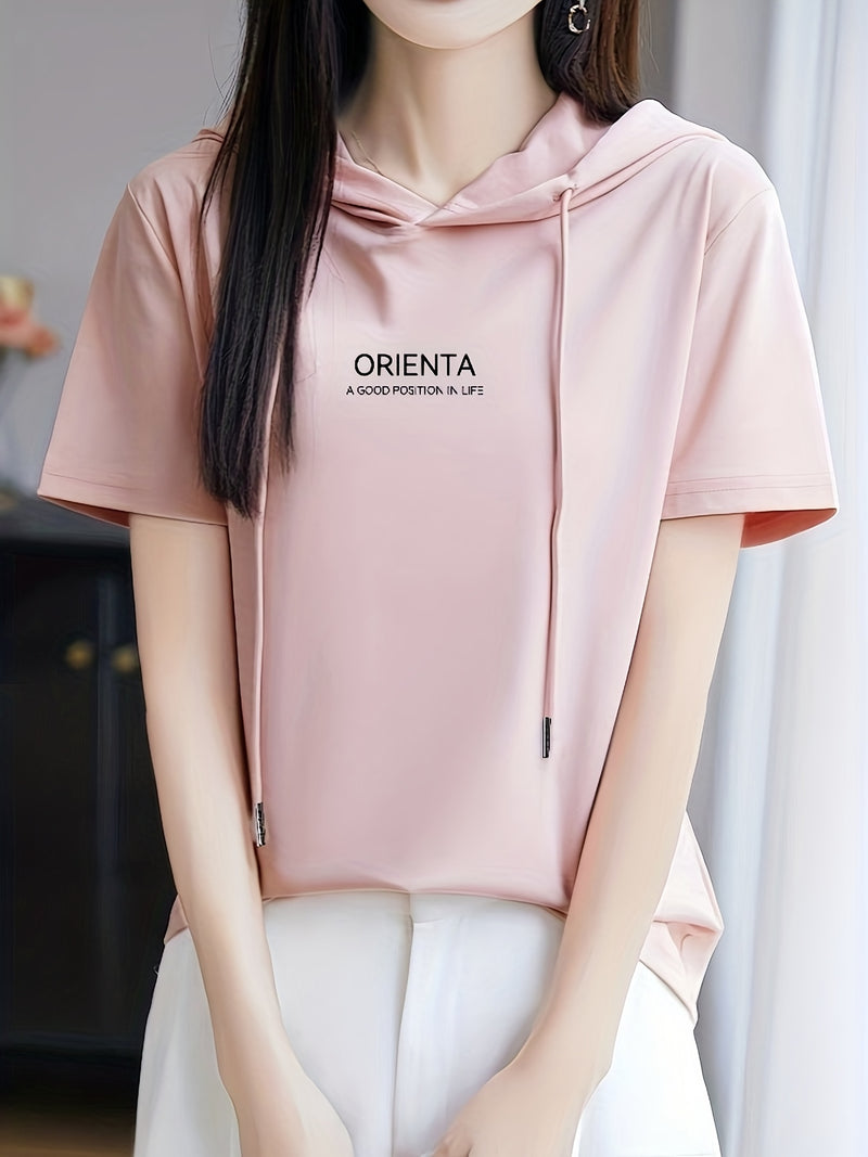 Summer New Korean Version Loose Short Sleeve Thin Trendy Printed Hooded T-Shirt for Women.