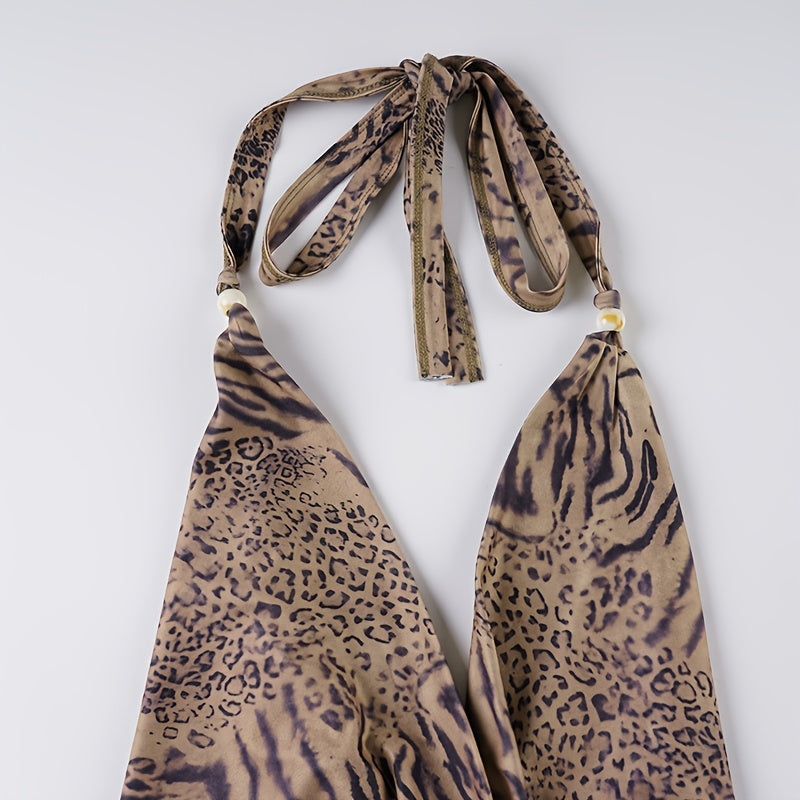 Sexy Leopard Print Backless Halter Neck Top and Tight Shorts Set for Women.