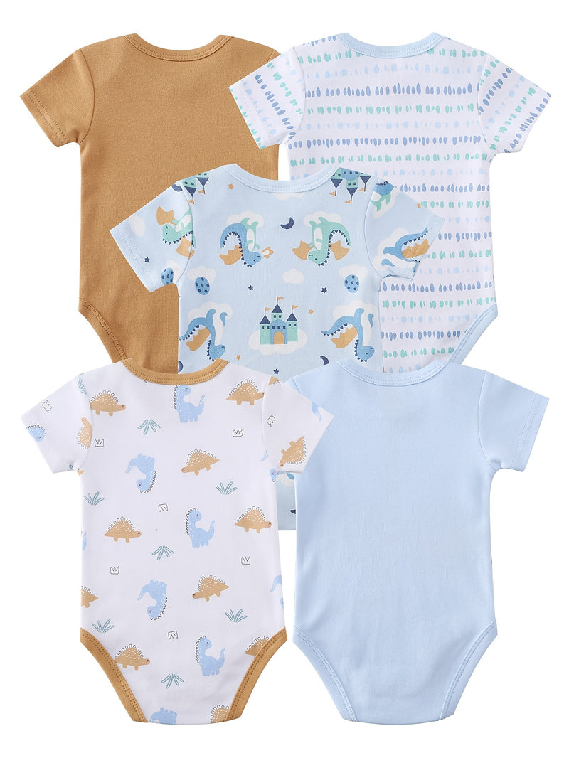5pcs Baby Boy Bodysuit Set - Soft And Comfortable Short Sleeve Set.