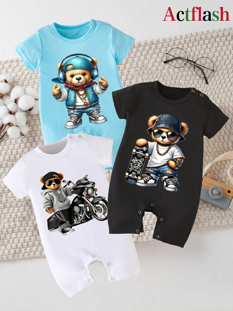 3pcs Cartoon Print Summer Short Sleeve Baby Romper Bodysuit.