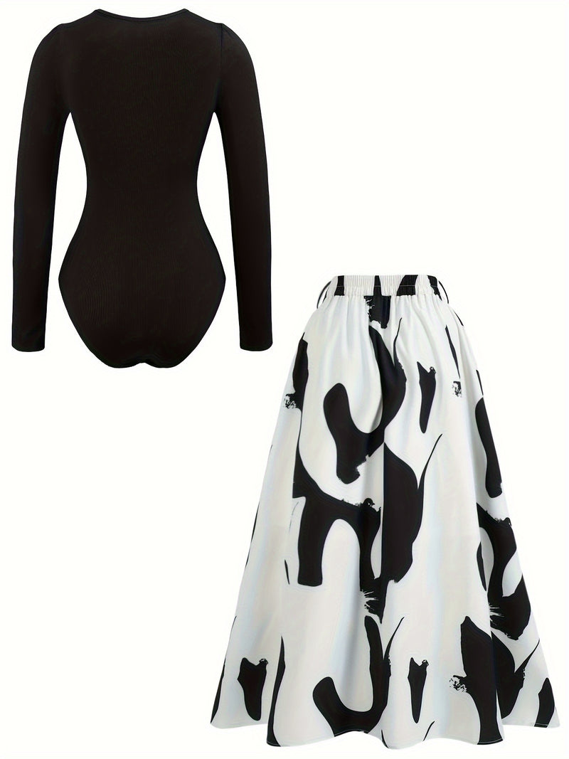 Women's Printed Chiffon High-Waist A-Line Skirt with Fashionable Tank Top.