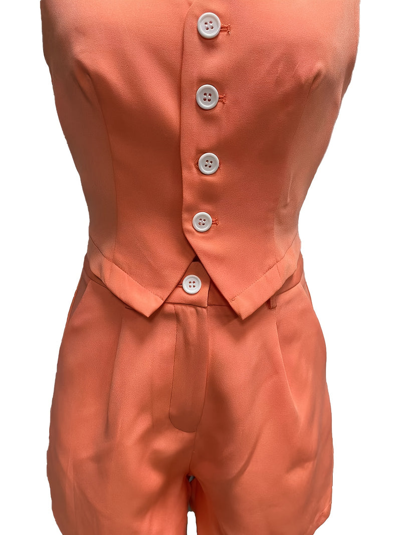 A Solid Color V-Neck Tank Top And Shorts Set for Women.