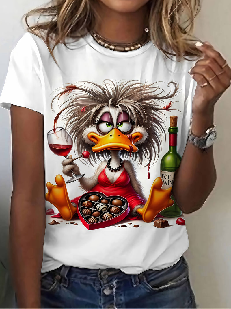 A Short-Sleeved Shirt Featuring a Casual Duck Wine Chocolate Design, Perfect for Women.