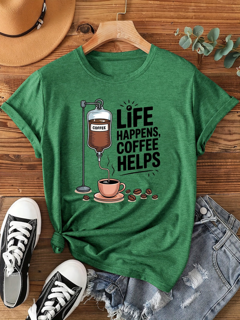 Women's Coffee-Themed T-Shirt with "Coffee Helps" Slogan.