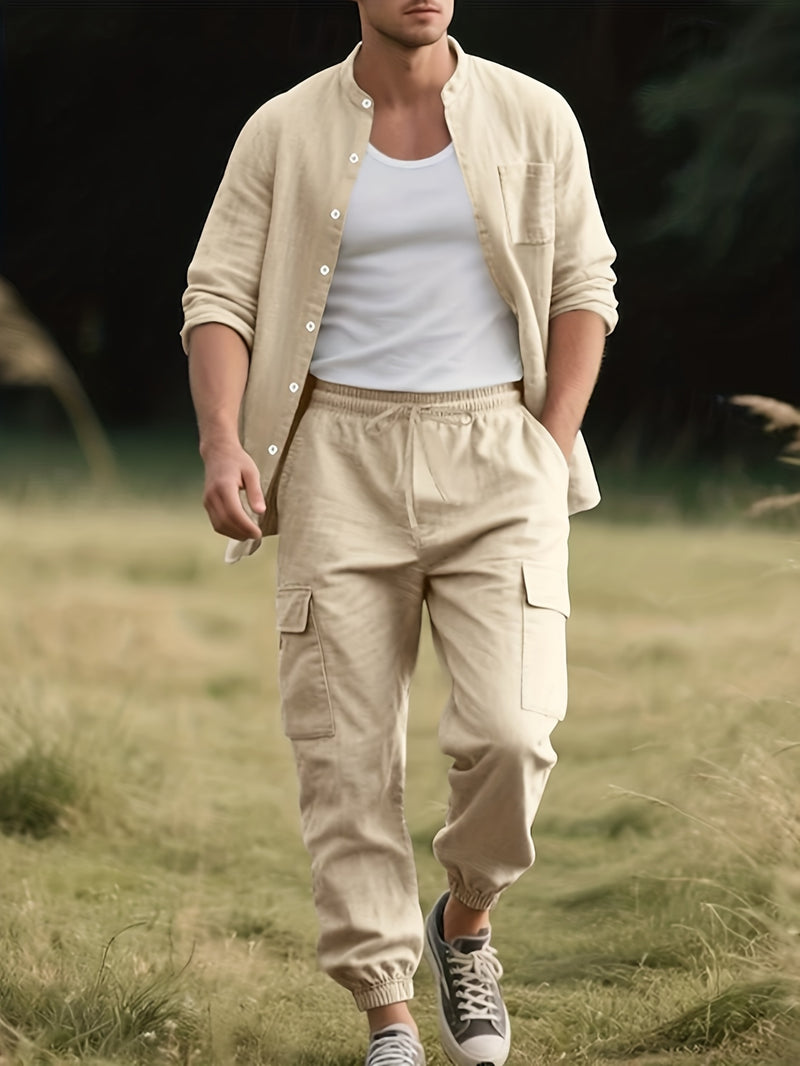 Men's Solid Color -Linen Suit, a Two-Piece Set for Sporty Comfort.