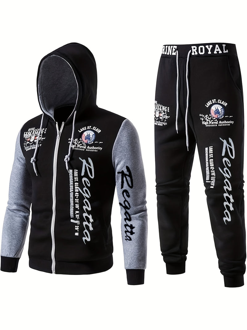 Men's Hooded Sweatshirt with Letter Print, Two-Piece Sports Running Outfit.