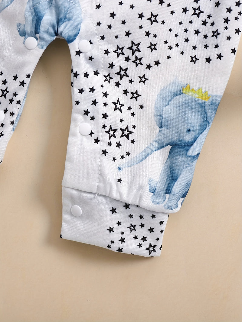Cute Baby Elephant Water Play Pattern Long-Sleeve Romper.