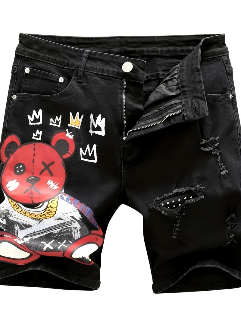 New Retro European and American Style Red Bear Print Ripped Jeans.