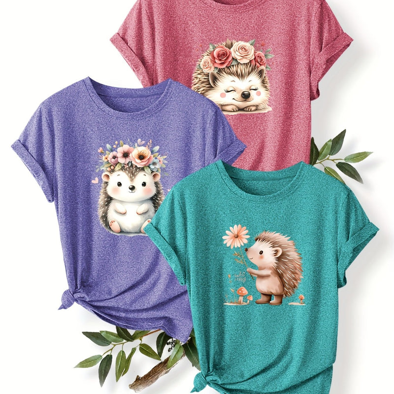3pcs Women's Cute Hedgehog Graphic T-Shirts.