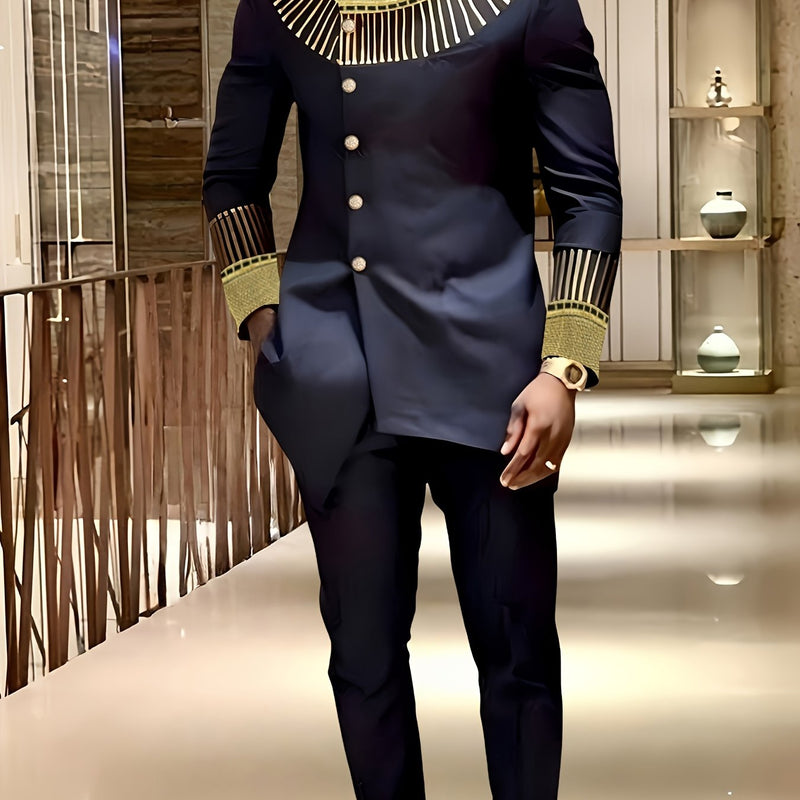 Men's Elegant 2pcs Shirt Set, Embroidered, Round Neck.