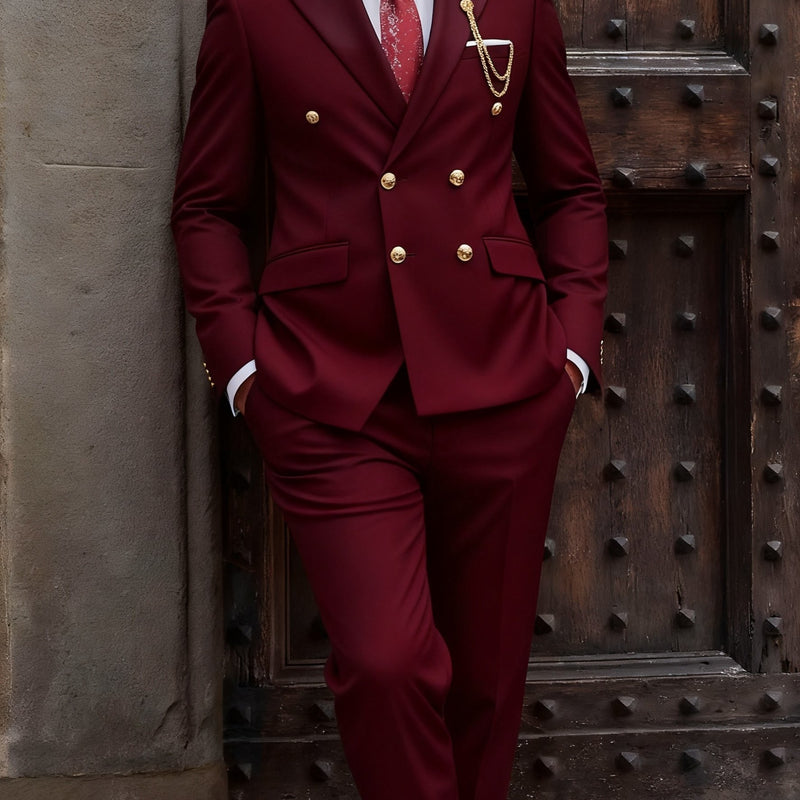 Men's 2pcs Suit, Double-Breasted Notch Lapel Solid Color Blazer and Pants Set.