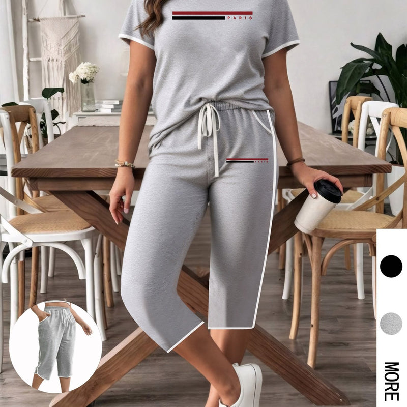 Women's Set PARIS Letter Print White Banded Crew Neck Short Sleeve T-Shirt.