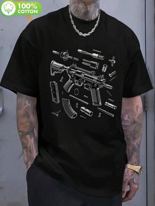 Men'S Black Cotton T-Shirt with Gun Blueprint Print.