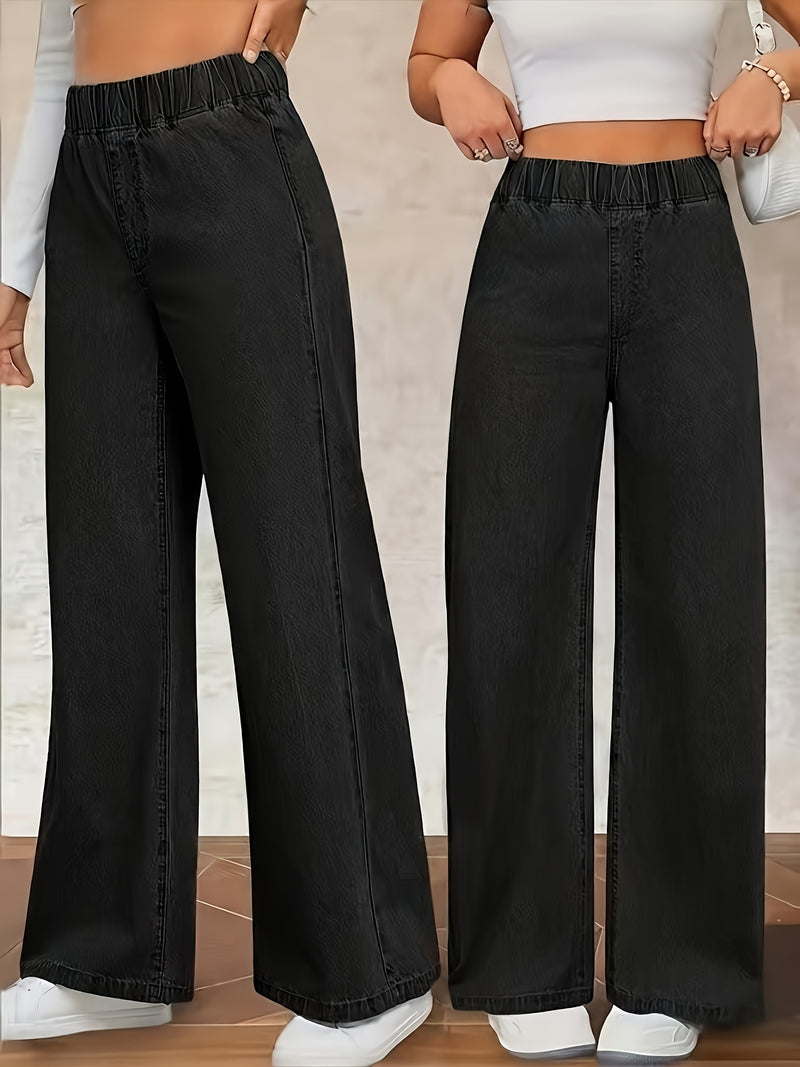 Women's Washed Casual High-Waisted Elastic Waistband Blue Jeans.