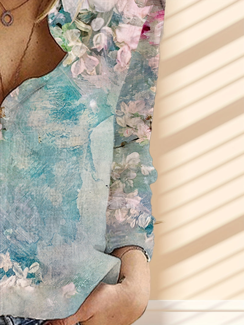 Elegant Women's Floral Print Button-Up Shirt.