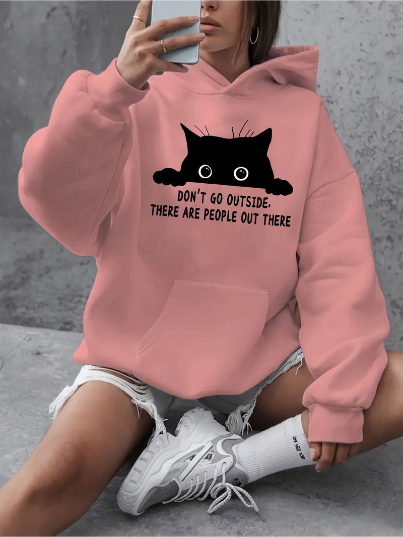 Women's Cozy Fleece Hoodie with Playful Black Cat Graphic.