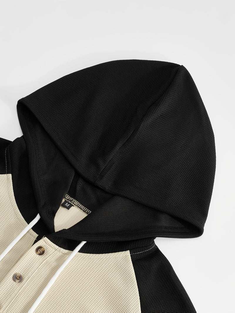 Men's Waffle 2pcs Hooded Sweatshirt Set Top Color Block.