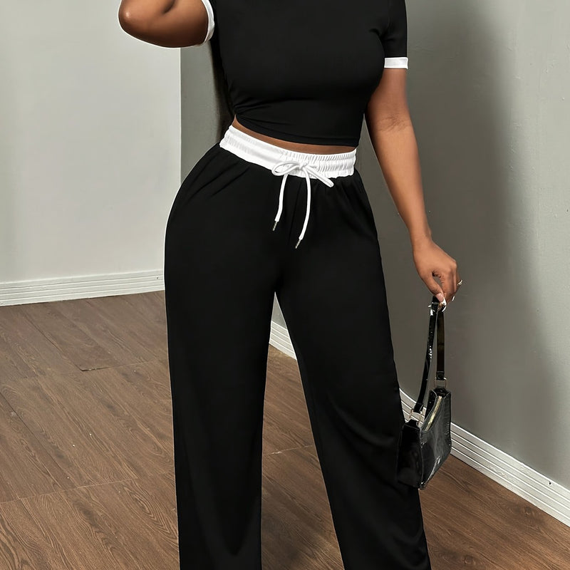 Women's Sexy Color Block Short-Sleeved T-Shirt And High-Waisted Belt Bandage Trousers.