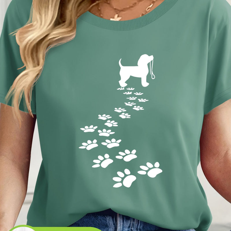 Women's Casual Short Sleeve T-Shirt with Dog Silhouette & Paw Print Graphic.