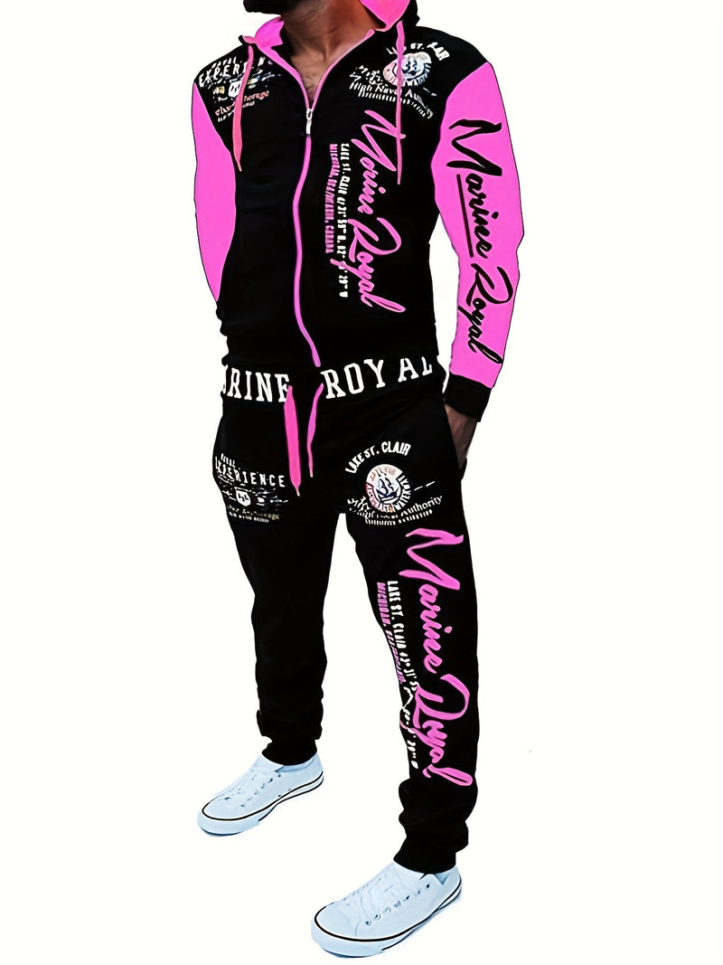 Men's Hiphop Outfit, Letter Print Long Sleeve Full-Zip Casual Jacket And Loose Jogger Pants.