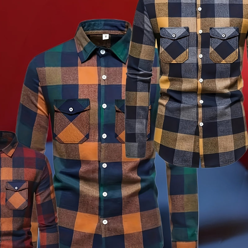 3pcs Men's Plaid Shirt Top with Turn- Collar Long Sleeve Button-Up.