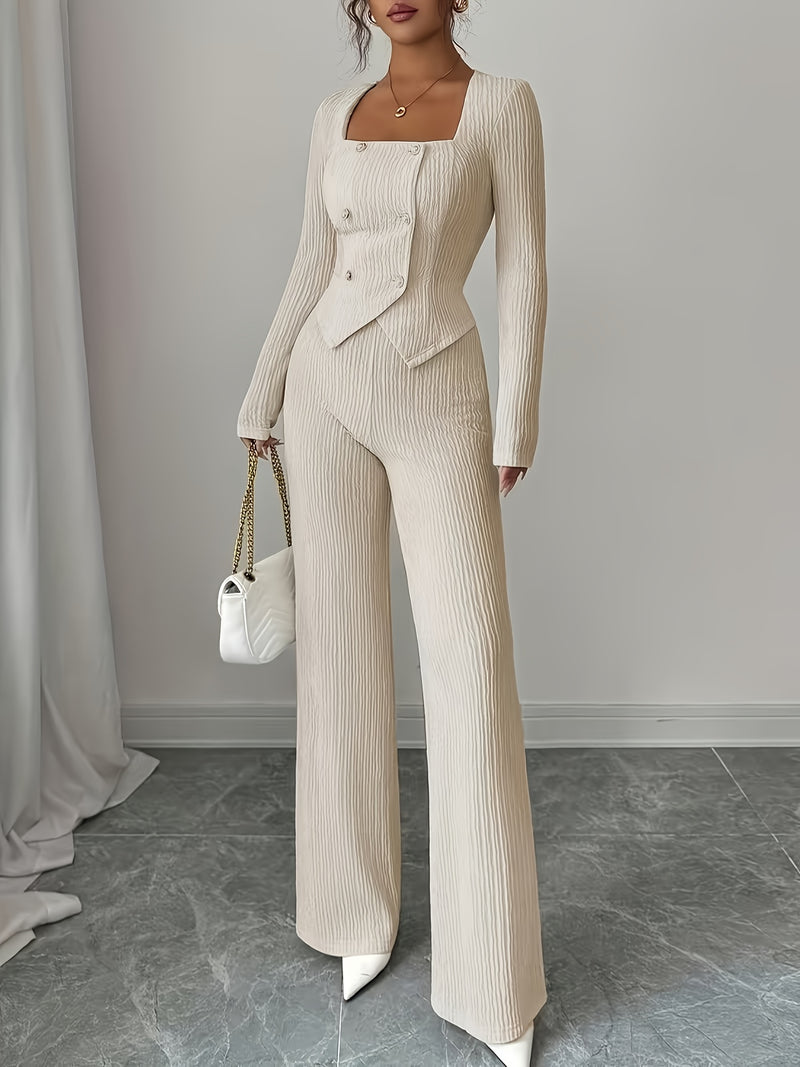 Women's Elegant Button-Up Long Sleeve Square Neck Pants Set.