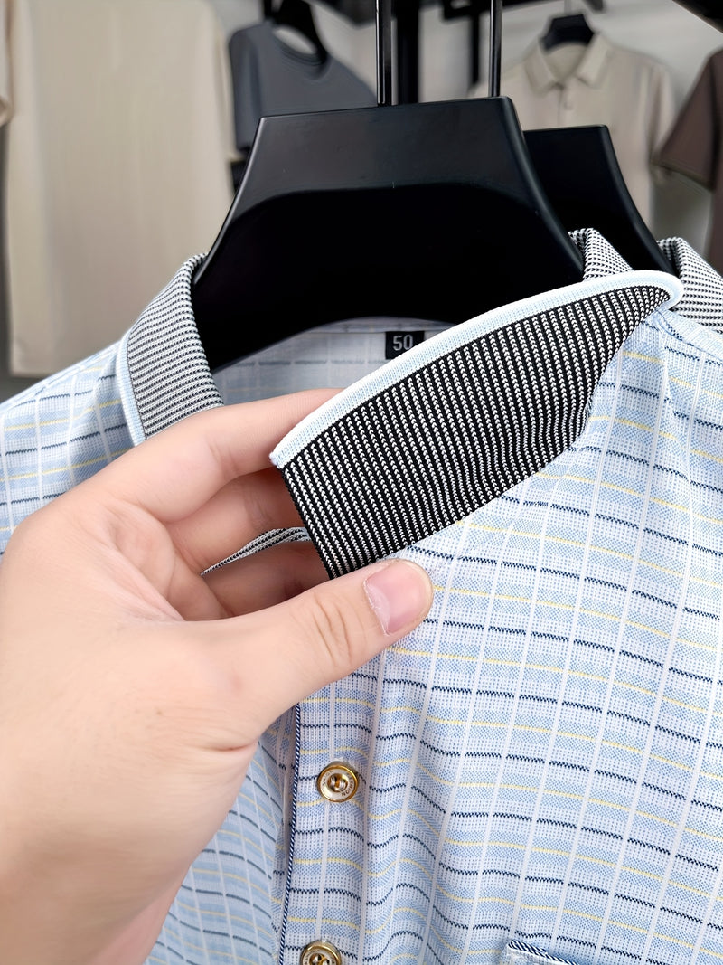 Men's Short-Sleeve T-Shirt Summer Lapel Plaid Ice Silky Fiber Fabric.