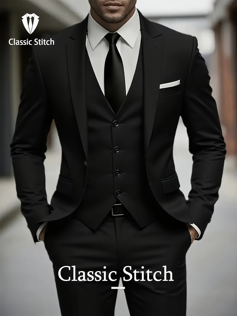 Men'S Three-Piece Suit with a Sophisticated Notch Lapel, Suitable for Weddings.