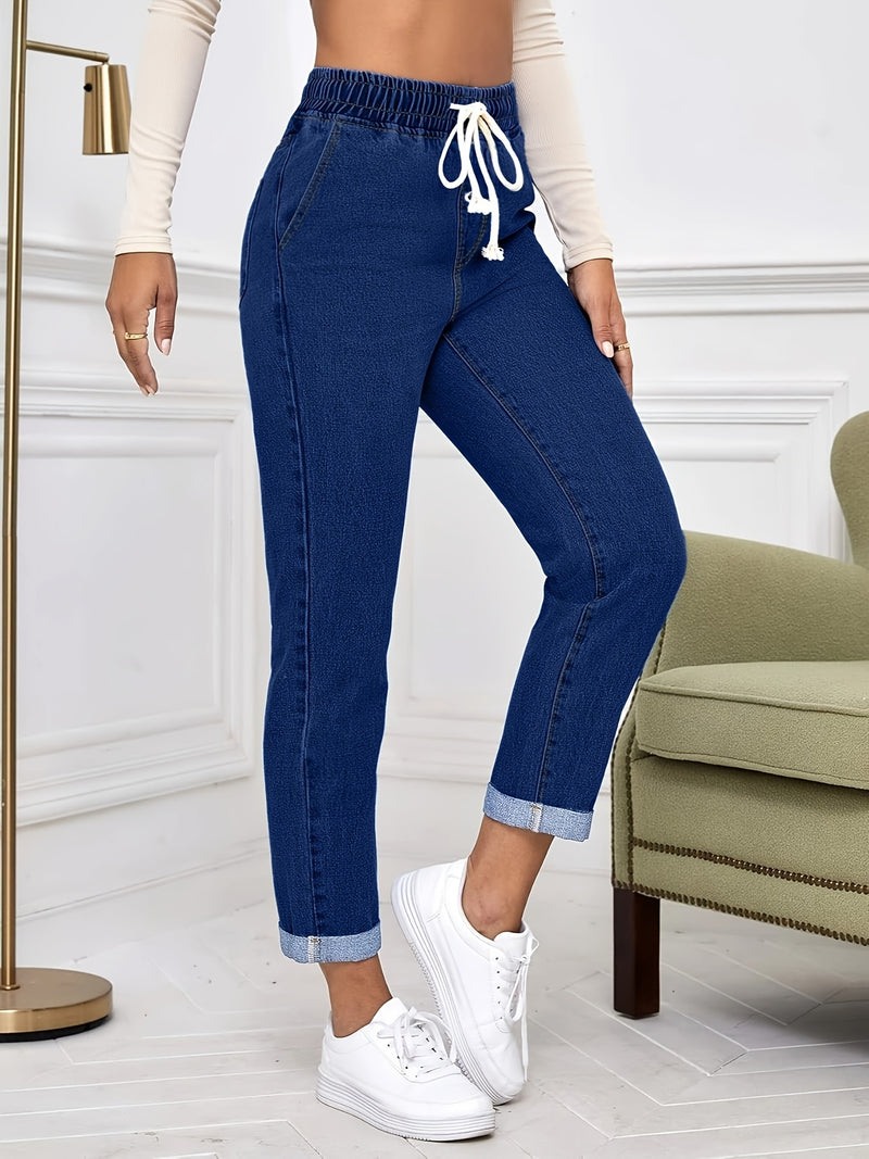 Women's Ankle-Length Pants with Rolled Cuffs, Stretchy Elastic Denim Jeans.