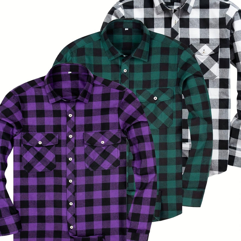 3pcs Men's Plaid Shirts with Top Lapel Long Sleeve.